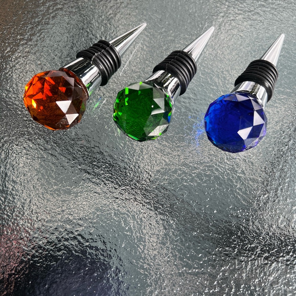 Glass Prism Bottle Stoppers Set of Three (3) Gorgeous Jewel Tones